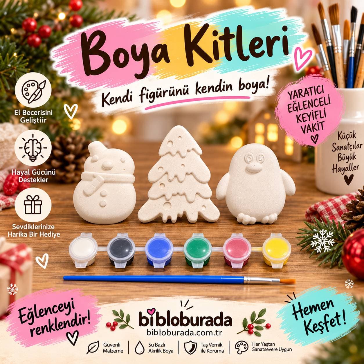 🎄 Yılbaşı Eğlencesi 3’lü Figür Boyama Kiti – Kardan Adam, Çam Ağacı ve Penguen