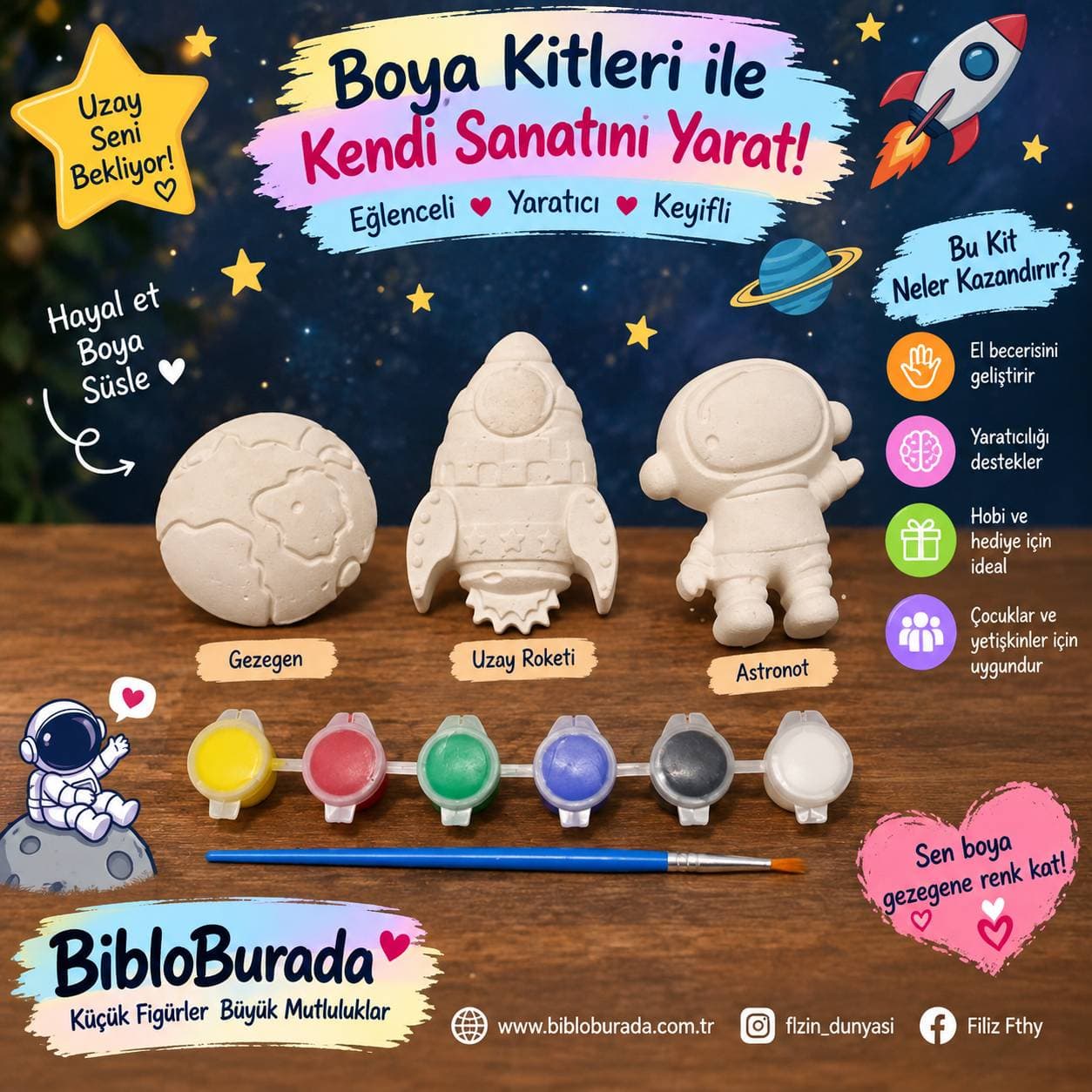 🚀 Uzay Macerası Boyama Kiti – Gezegeni, Roketi ve Astronotu Kendin Boya! 🌌🎨